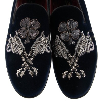 Mocassins En Velours Dolce & Gabbana - Noir Et Or, Couronne Napoléon Et Abeille, Neuf Avec Étagères