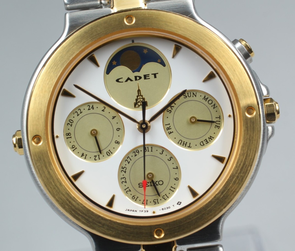 Near MINT] Seiko Cadet Moon Phase 7F39-6050 Gold Quartz Men 
