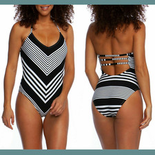 NEW 129 La Blanca Fine Line Halter One-Piece Swimsuit Black-White SZ 12  K627
