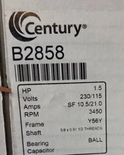 A.O. Smith B2858 1.5HP 230/115V Square Flange Replacement Motor