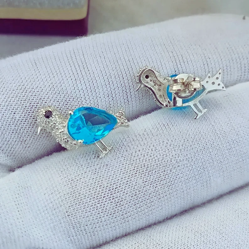 lab Created Blue Topaz Bird Earring 925 Sterling Silver Stud Earring For Gift - Image 3 of 4