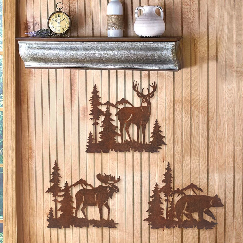 Metal Wall Art Decor Deer Bear Moose in Forest Pine Tree, 9.3 inch Set of 3 R... - Image 3 of 4