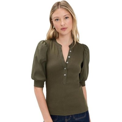 Veronica Beard Coralee Puff-Sleeve  Ribbed Split-Band Collar Top Laurel Green, L