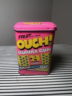 1980-90's Fruit Art Flavor Ouch Bubble Gum 24 Sticks Empty Tin can Container VTG