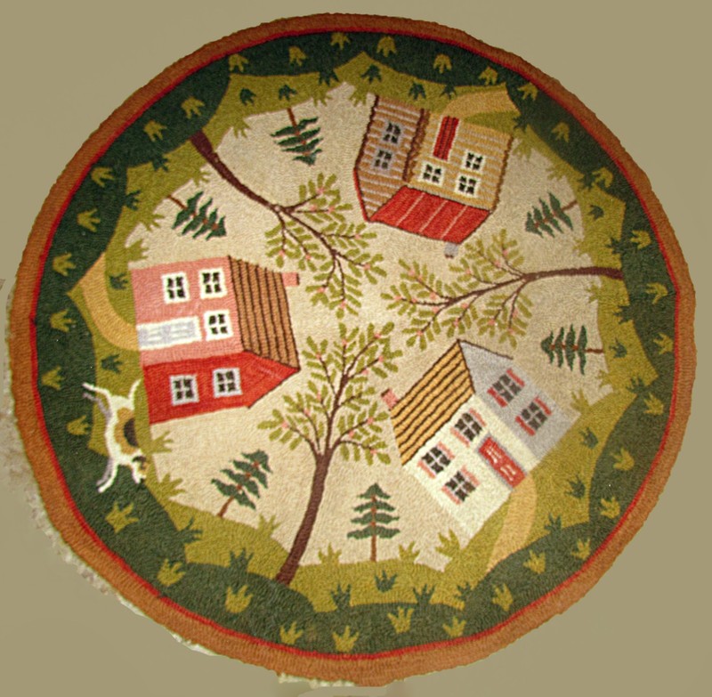 Vintage folk art round hooked rug 3 houses trees plants and a dog