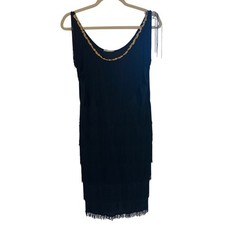 Gatsby 20s Flapper Fringe Dress Vintage Style Black Gold Sequin Trim Sleeveless