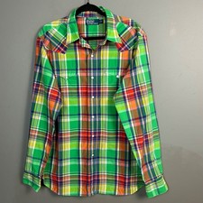 Vintage 90s Polo Ralph Lauren shirt Men's XL Western plaid Snap Green Colorful