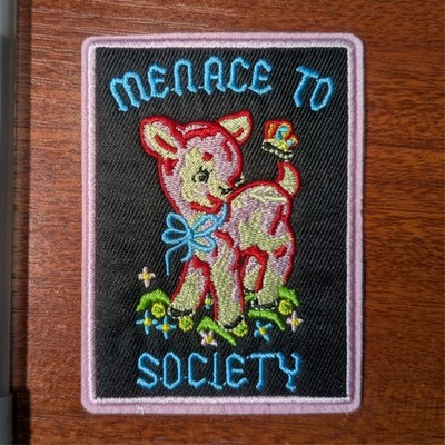 Funny Patch Menace to Society Cute Sinister Lamb embroidered Iron On 3.5x2.75''