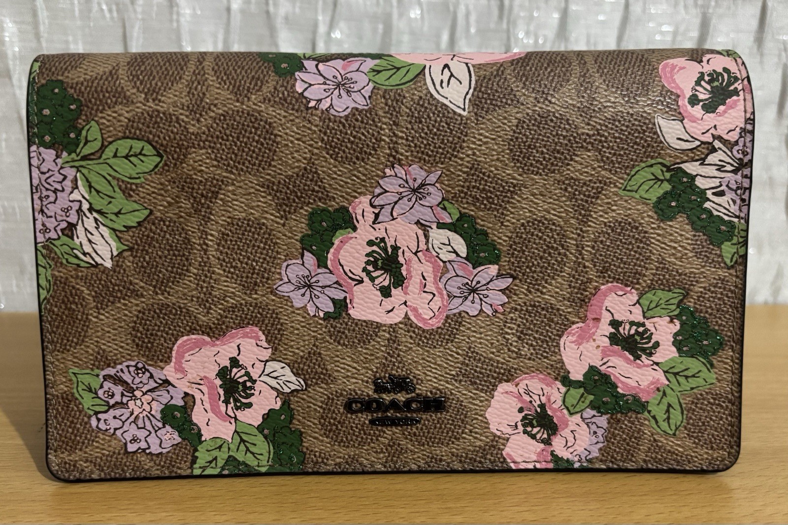 Coach Signature Monogram Leather Crossbody Bag Flower Print Brown Chain Strap image 2