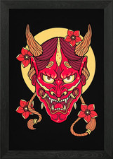 Hannya Mask with Flowers Illustrati Framed Wall Art Poster Canvas Print Picture