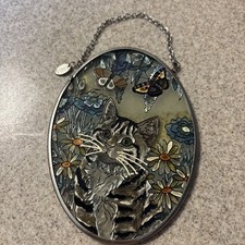 AMIA Sun Catcher Witraż Wiszące okno 4,5" Szary kot Motyl Kwiaty