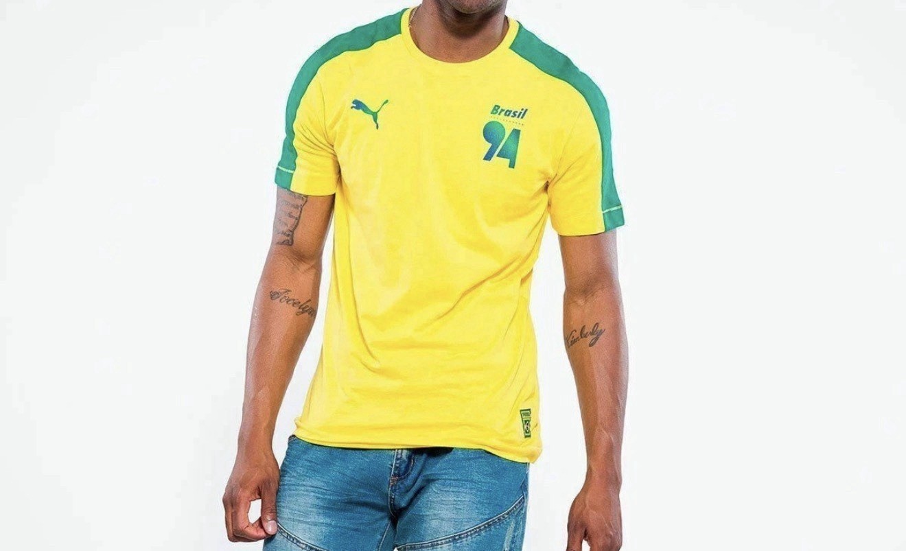 PUMA Mens Forever Football T7 T-Shirt Size: Small, Color Dandelion-(Brazil)