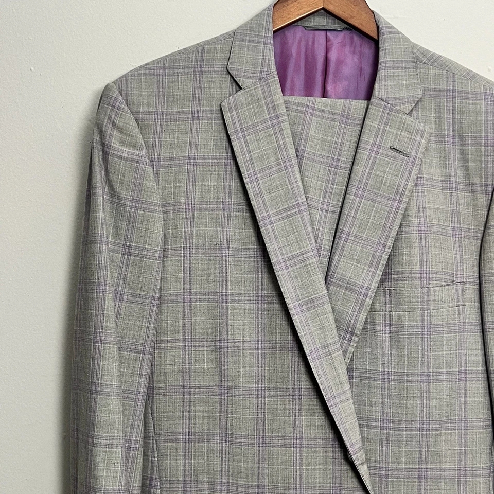 Traje de hombre talla 42R pantalones 34Wx32L Tom James a medida púrpura gris a cuadros 2 piezas Foto 3 de 4