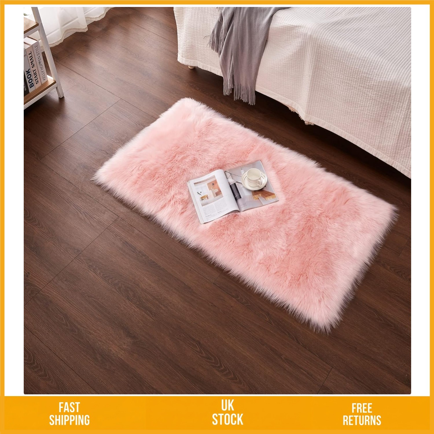 Super Soft Shaggy Faux Sheepskin Plush Silk Bedside Rug Pink 19.7 x 59 inch