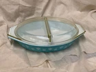 Vintage Pyrex divided Caserole dish w/lid, blue/teal wi/snowflakes