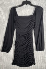 Black Mesh Ruched Bodycon Mini Dress Square Neck Long Sleeve S