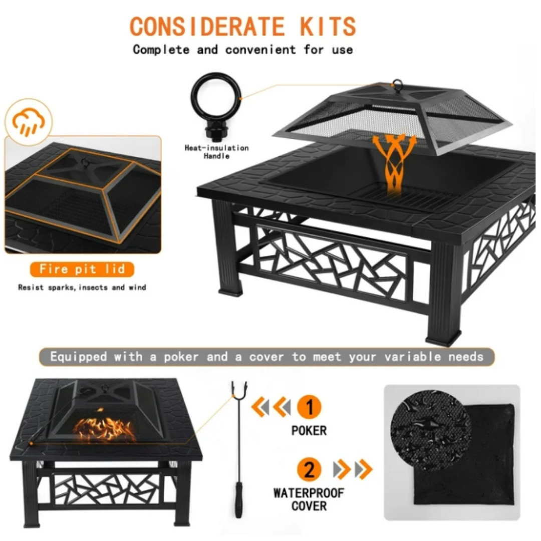 32" Outdoor Fire Pit Wood Burning Metal Fireplace w/Poker and Cover for Backyard