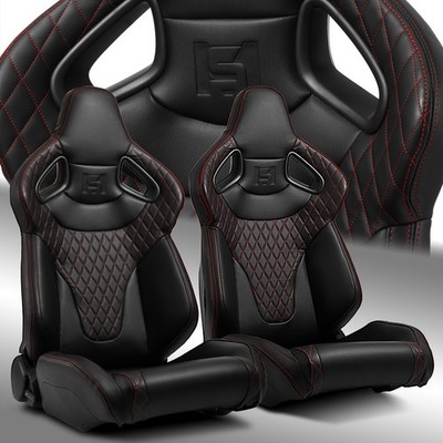 2x Red Stitching PVC Reclinable C-Series Sport Racing Seats W/Slider Left/Right