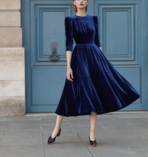 Blue Velvet Midi Dress Fit and Flare Wedding Bridesmaid Evening Party Wear Dress