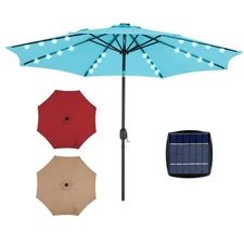 9.5' Solar Patio Umbrella 32 LED Lighted w/ Push Button Tilt/Crank Outdoor Blue