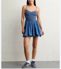 American Eagle blue Denim Bubble mini Dress smocked size M adjustable straps