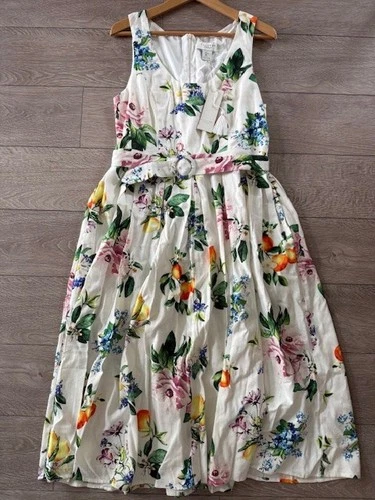NWT Calypso St Barth Women size L Garden Floral Fruits Midi Linen Dress Belt
