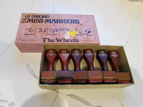 Vintage Easy Grading Mini Markers The Wheels Wood Rubber Stamps Teachers Schoo