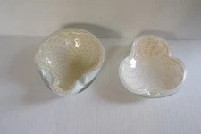 2 Alfred Barbini Murano Shell PEARL WHITE Gold Bubbles Flecks Art Bowls Ashtrays