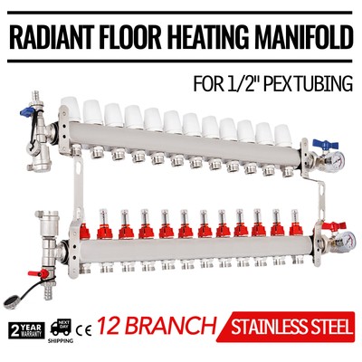 Stainless Steel for 1//2” PEX 12-Branch PEX Radiant Floor Heating Manifold Set