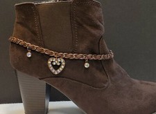 Adjustable brown leather and copper chain with rhinestone heart boot charm