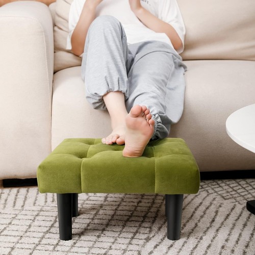 Lightweight Green Velvet Footstool Ottoman with Wooden Legs - Easy Assembly - Picture 5 of 11