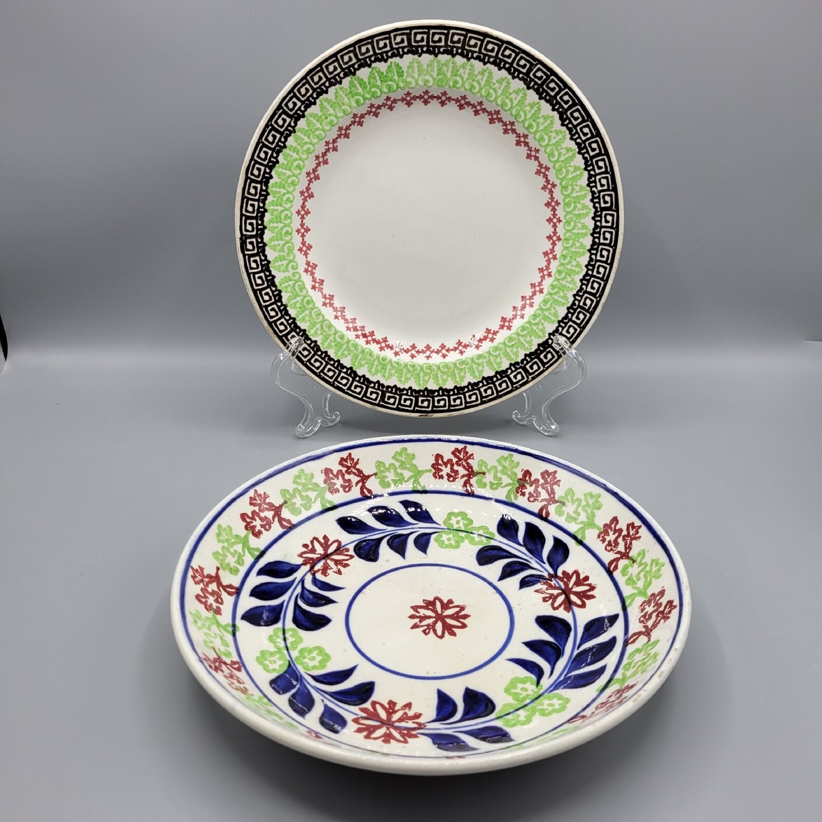 Antique Stoneware Plates, Set Of 2, Hand Painted Ferns Flowers