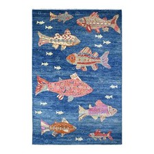 5'10" x 8'10" Celestial Blue Oceanic Colorful Fish Wool Hand Knotted Rug R88390
