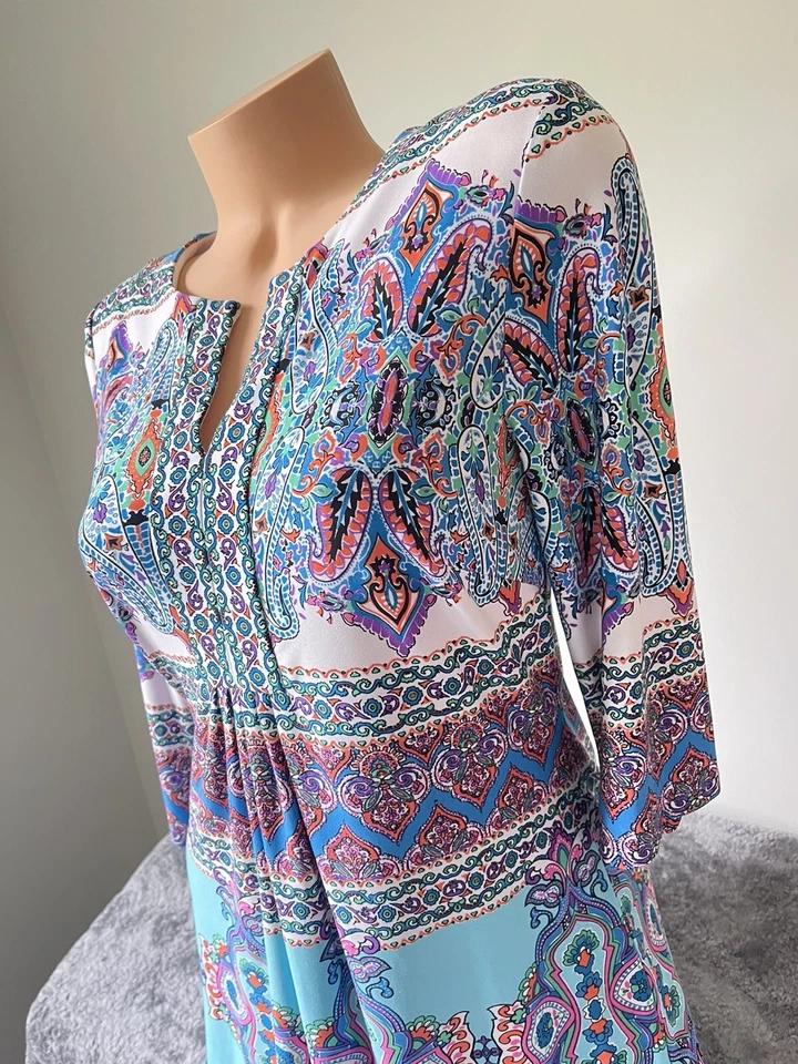 Vestido justo Sandra Darren 10 V paisley M azul laranja retrô anos 70 floral 4758 - Imagem 2 de 4