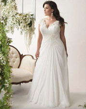 V-Neck Cap Sleeves Lace Applique Beaded Backless Plus Size Chiffon Wedding Dress