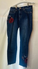FREE PEOPLE Embroidered Down The Sides Floral Jeans Boho Hippie S4