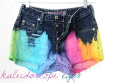 Vtg 80s Mid Rise Ombre Dip Dye tie Dyed RAINBOW Destroyed Cut Off Shorts S