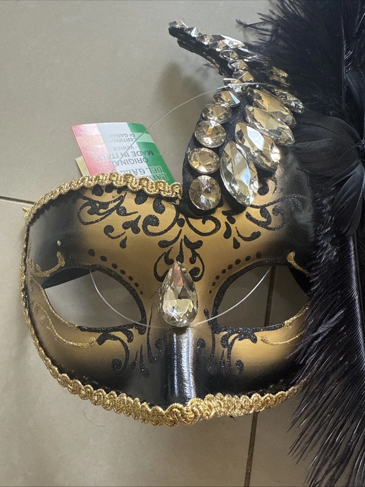 Venetian Mask Handmade In Italy Gold Black Lace Feathers Half Face Masquerade - Image 4 of 4