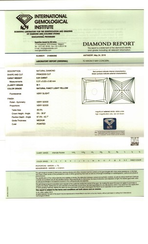 0.91 CTS SI1 NATURAL FANCY LIGHT YELLOW LOOSE PRINCESS DIAMOND IGI CERTICATE - Picture 2 of 8