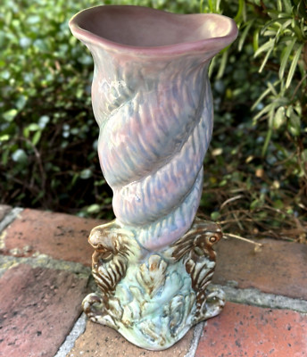 WELLER POTTERY SABRINIAN SEAHORSE VASE....SUPER COLOR & MOLD! SIGNED & MINT