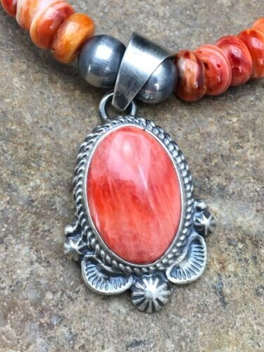 Orange Spiny Oyster Pendant Navajo Pearls Sterling Silver Beads Necklace 2689 - Picture 5 of 12