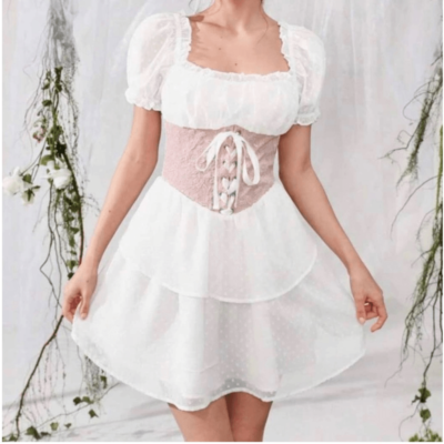 Corset style dress white Swiss Dot Lace Kawaii MOD square neck Up Dress XS Corset style dress white Swiss Dot Lace Kawaii MOD square neck Up Dress XS