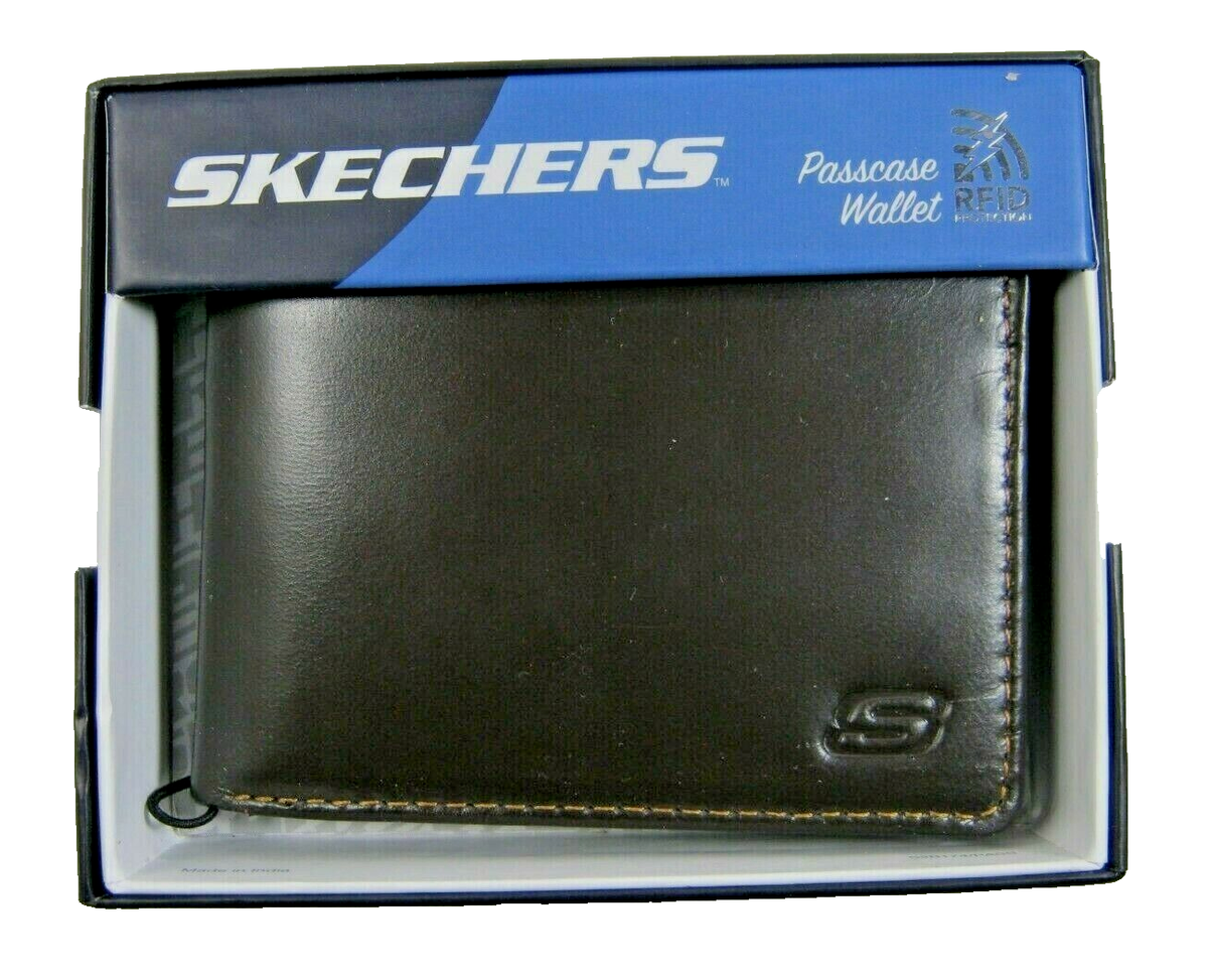 SKKINウォレット Skechers Brown Men's Wallet Smooth Genuine Leather Passcase RFID