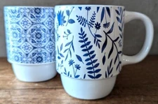 Boston Warehouse Stacking Coffee Mugs Blue Tuscany Floral 12 Ounce 4.25" Tall