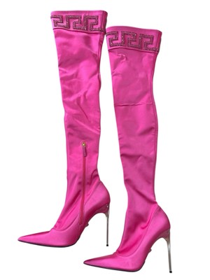 Versace Fuchsia Satin Stiletto Heel Greek Rhinestone High Boots No. 40