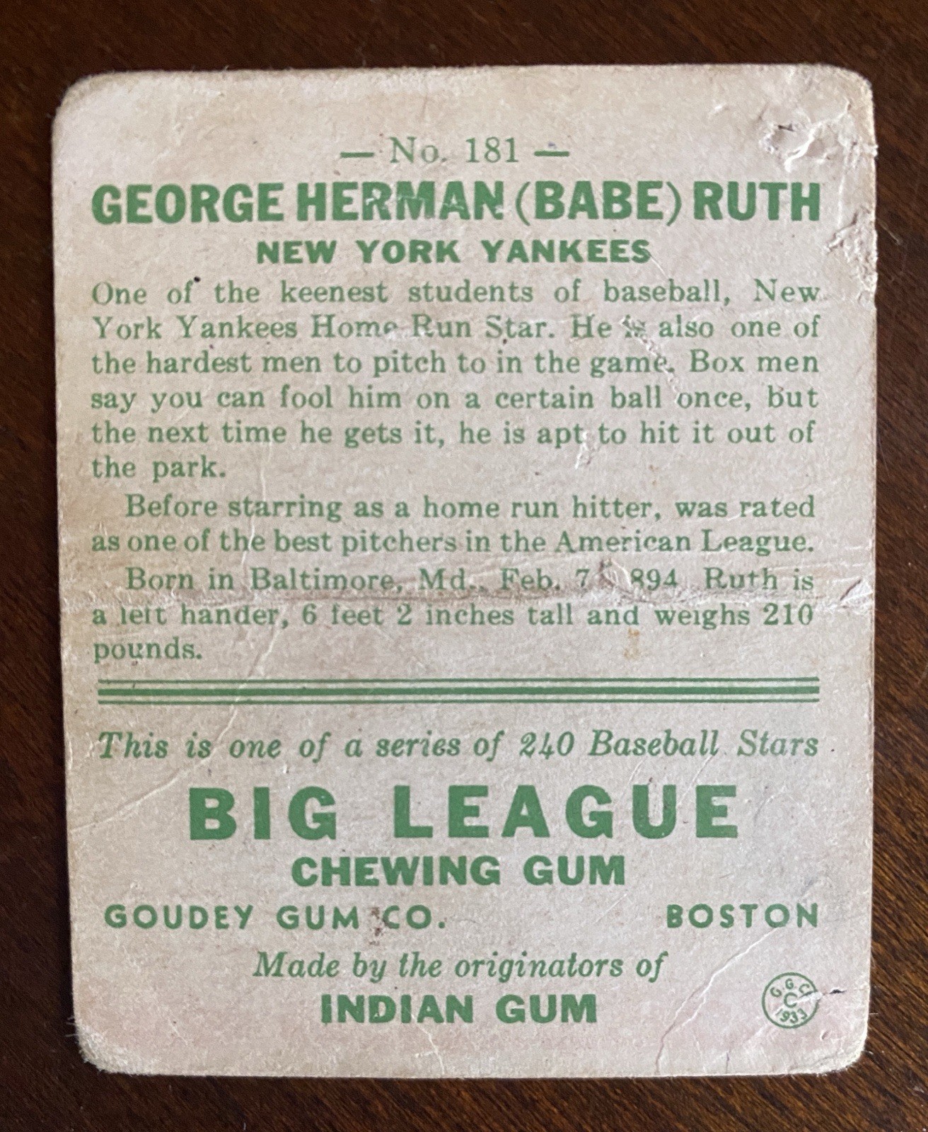 1933 Goudey Babe Ruth Authentic (Too Fragile to Holder) SGC Yankees #181 view 2