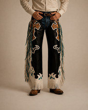 Men's Western Leather Chaps Black  Orange Cowboy Riding Pants with Fringe Toole