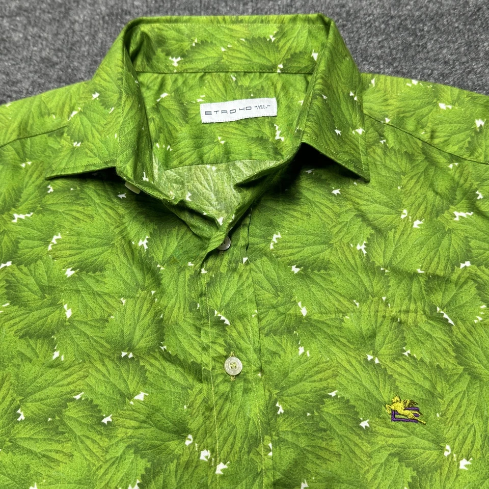 NWT Etro Green Leaves Button Shirt Long Sleeve 100% Cotton Italy Men Large - Image 2 of 4