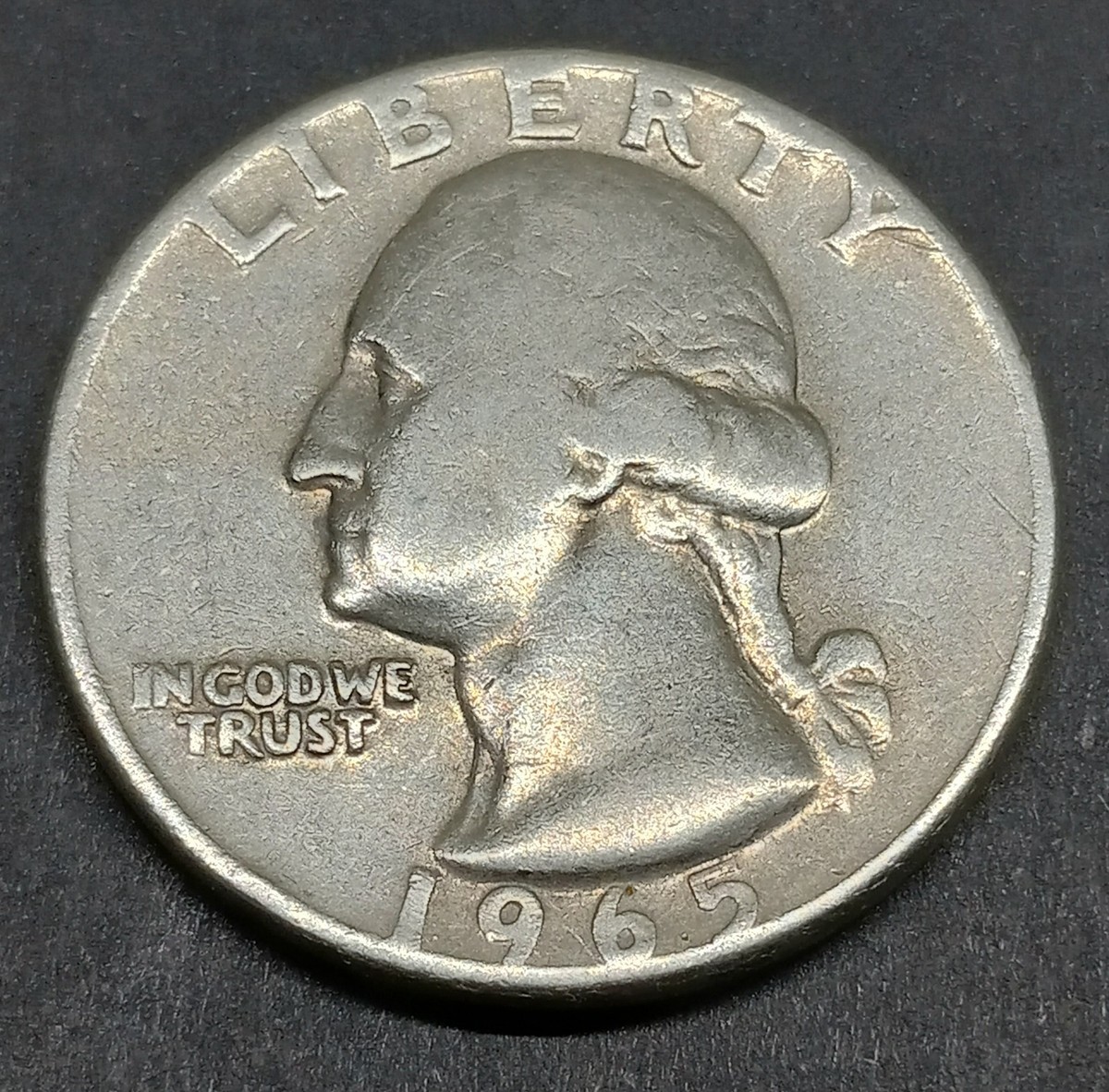 1965年 ワシントン 　ノーミントマーク 1965 No Mint Mark Washington Quarter,LIBERTY on RIM, A filled