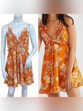 Free People Looking Glass Boho Orange Corduroy Floral Open Back Mini Dress Small